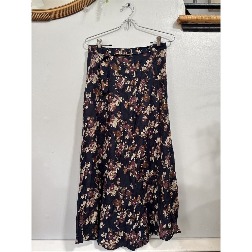 VTG Womens Floral Button Front Maxi Skirt M Y2K Grunge Dark Cottage Belted New